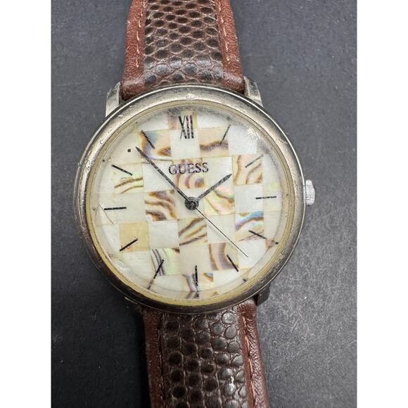 VTG Guess Mother of Pearl Dial Round Silver Tone Case Brown Leather Band Watch main image 11